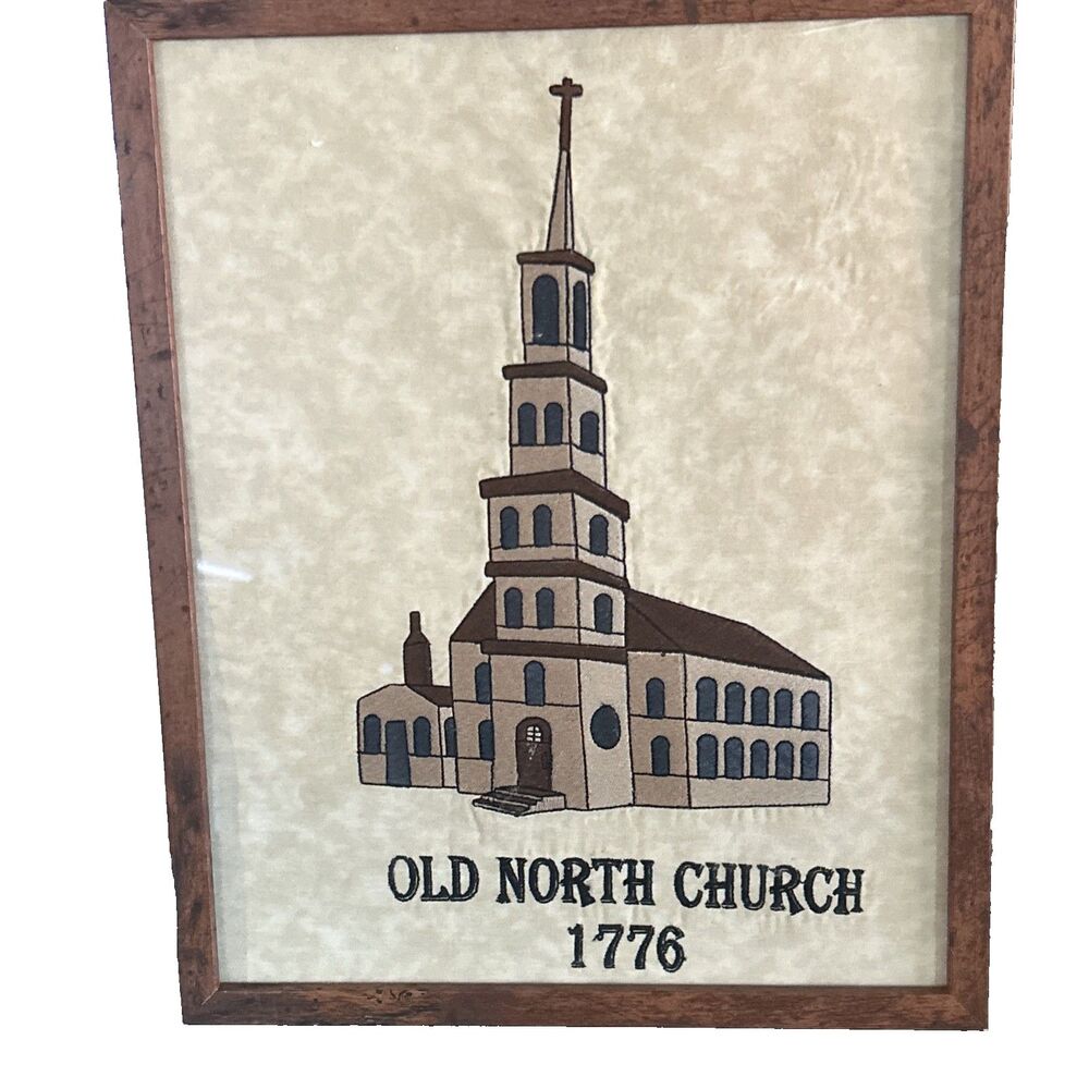 Vintage Framed Embroidery Textile Art Old North Church 1776 Americana Folk